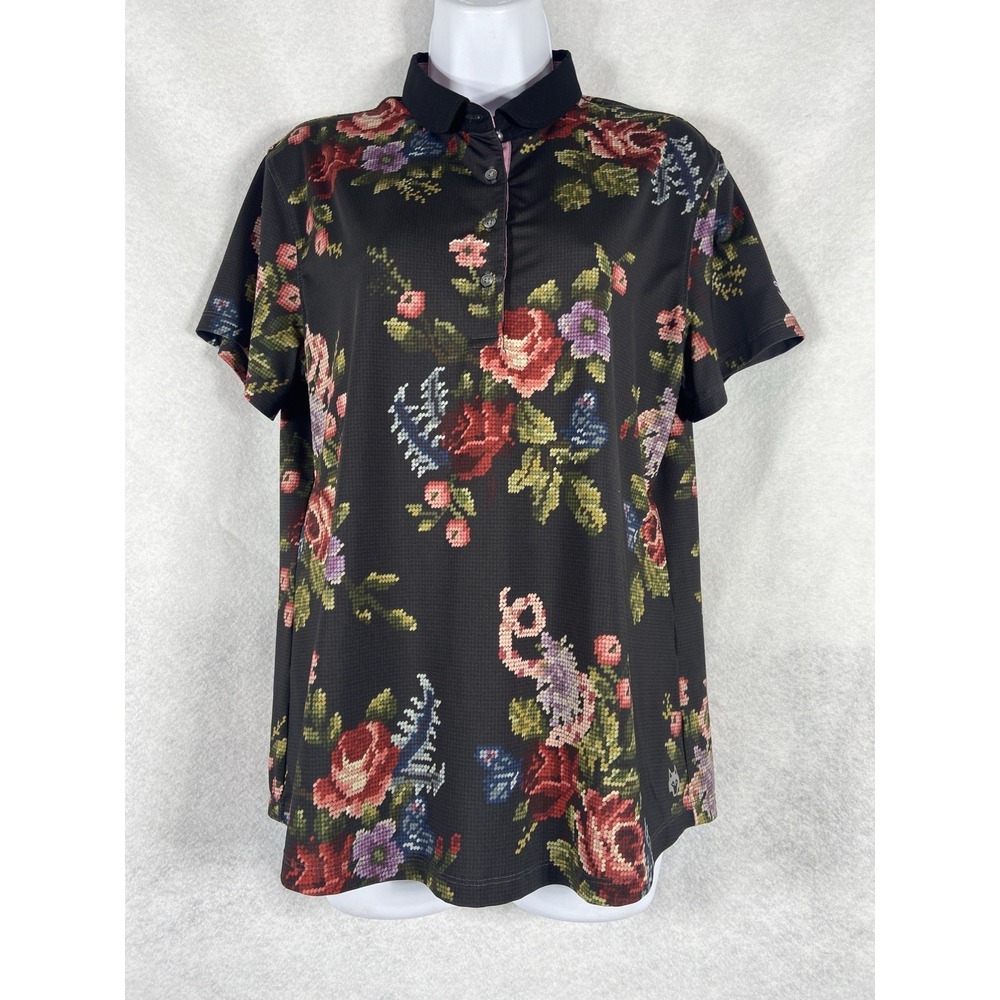 Greyson Polo Shirt Womens Large Black Golf Tennis Short Sleeve Floral Athleisure
